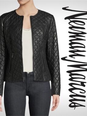 Neiman Marcus Black Quilted Short Leather Moto Jacket
